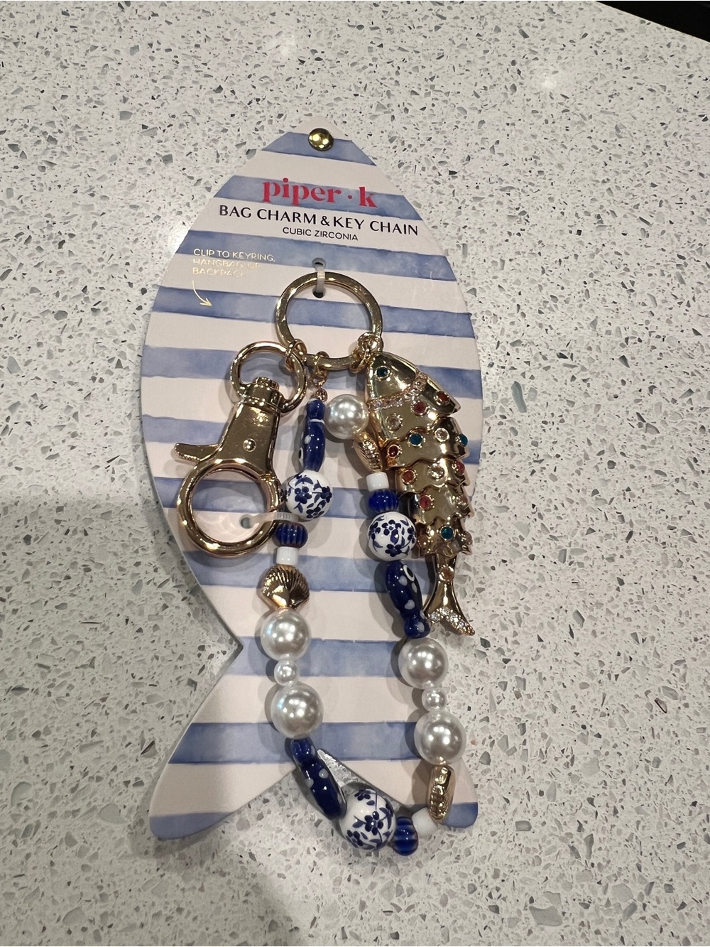 Piper Gold Fish Charm Keychain with Blue Beads and Pearls